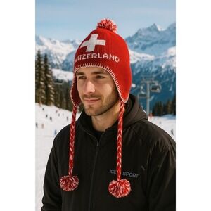 Switzerland Ski Ear Flap Winter Hat Pom Beanie Red White DK Doerig Kriser AG